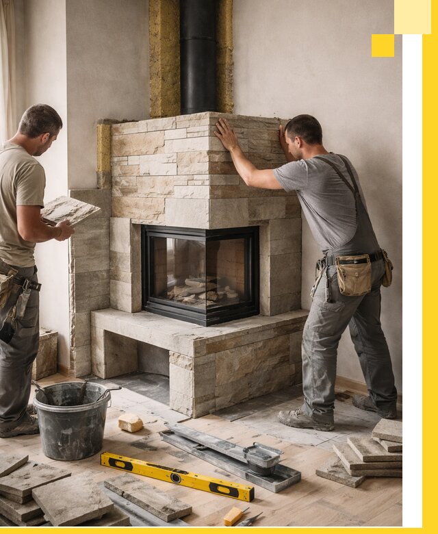 Угловые камины под ключ проект, монтаж и отделка в Снежинске