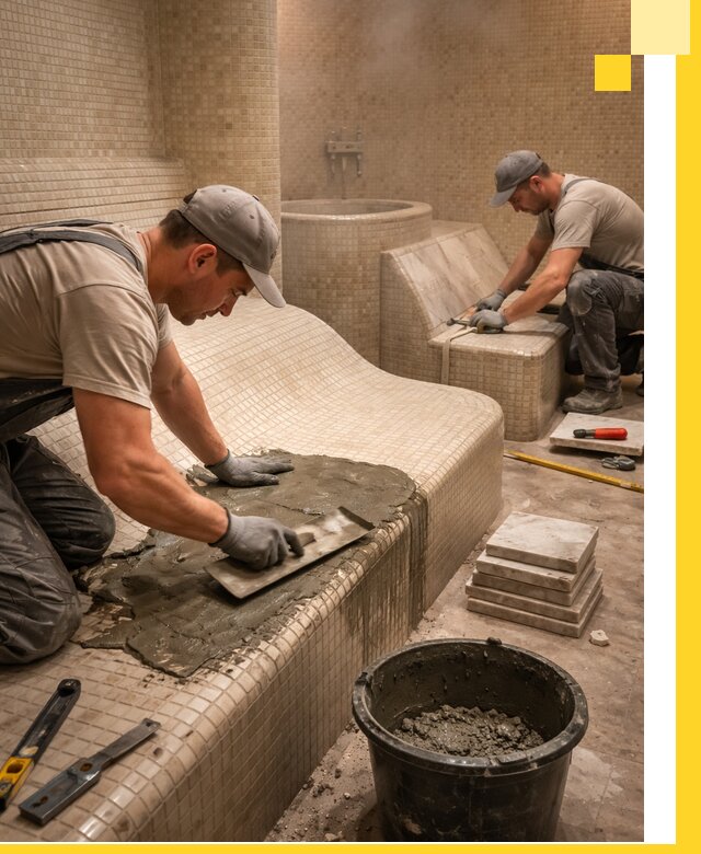 Лежаки для хамама под ключ в Снежинске, проект и монтаж