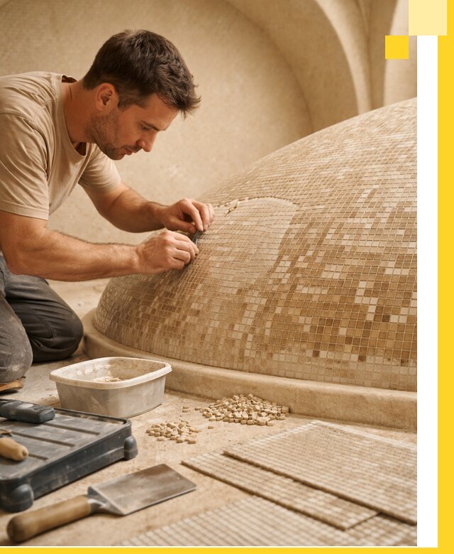 Профессиональная укладка мозаики для хамама под ключ в Снежинске